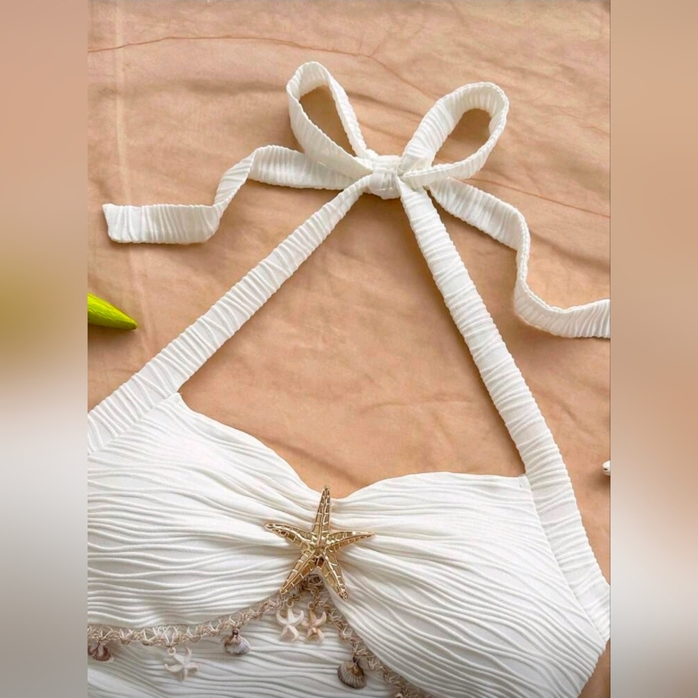 Soleia Tie Strap Starfish Shell Decor V-Neck Metal Buckle Knit Textured Halter - Picture 3 of 7